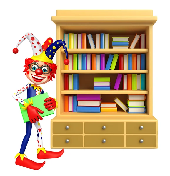 Clown met boekenplanken — Stockfoto