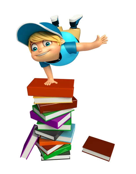 Enfant garçon avec pile de livres — Photo