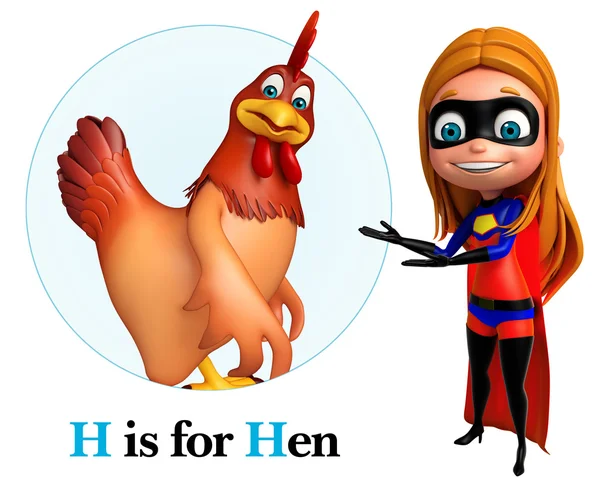 Super girl pointing Hen — Stock Photo, Image