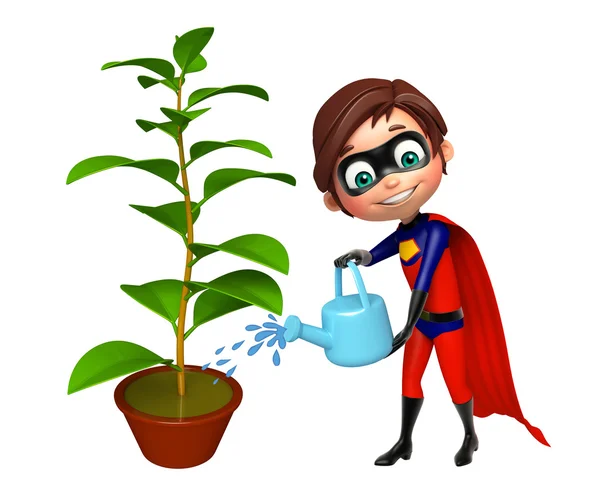 Superboy with Watering can and plant — Stock Photo, Image