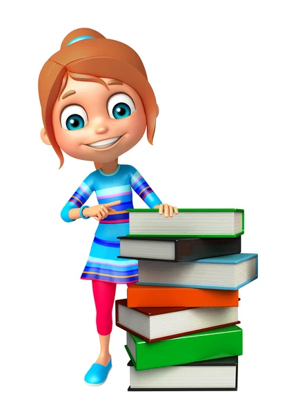 Kid girl with Book stack — Stock Photo, Image