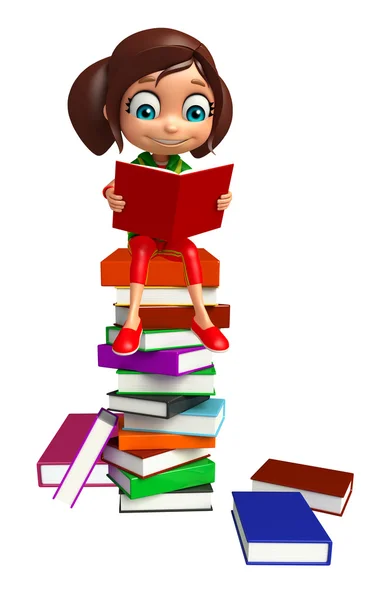 Kid girl with Book stack — Stock Photo, Image