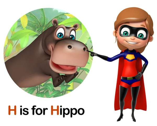 Super Dziewczyna, wskazując Hippo — Zdjęcie stockowe