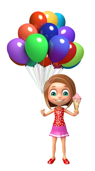 Kid girl with Ice cream and balloon — Stock Photo, Image