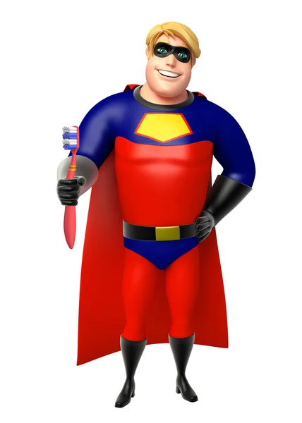 Super-herói com escova de dentes — Fotografia de Stock