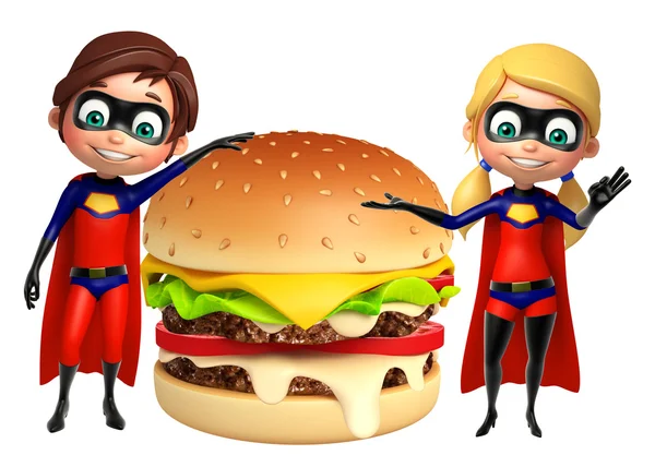 Superboy e Supergirl com hambúrguer — Fotografia de Stock