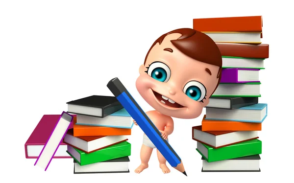 Милый ребенок со стопкой книг и карандашом — стоковое фото