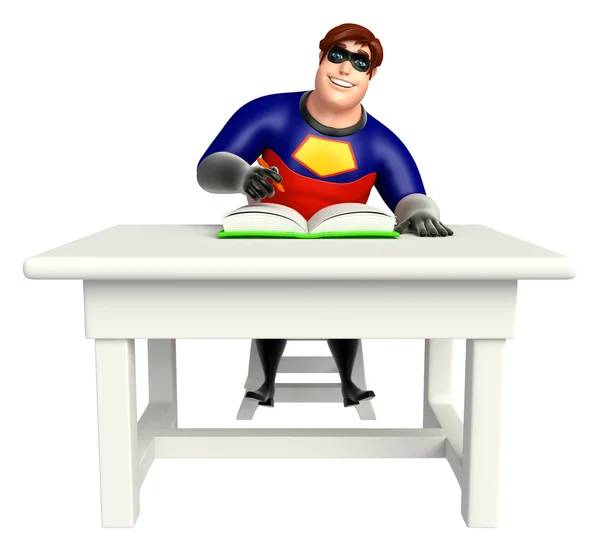 Super-herói com cadeira de mesa e livro — Fotografia de Stock