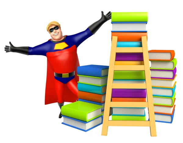 Superheld mit Bücherstapel und Leiter — Stockfoto
