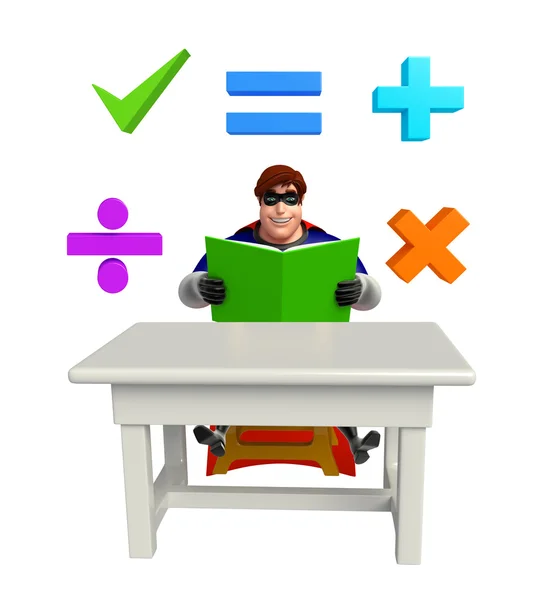 表与椅子、 书 & 数学符号的超级英雄 — 图库照片