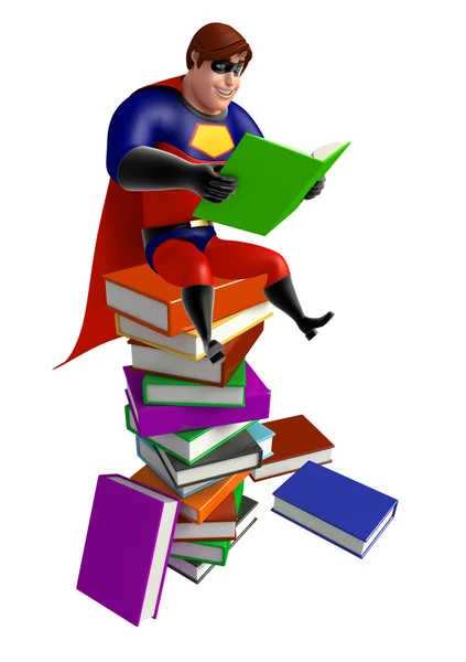 Superheld mit Bücherstapel — Stockfoto