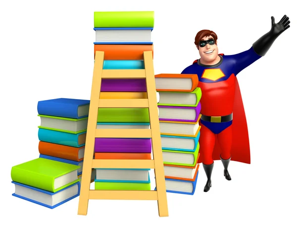 Superhéros avec pile de livres et échelle — Photo