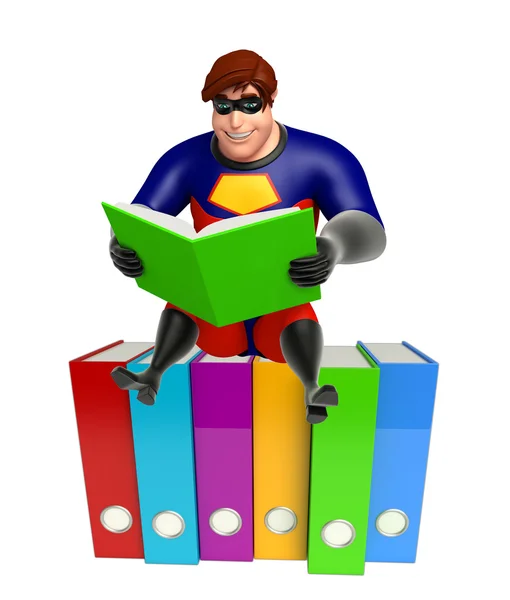 Superhéroe con archivos y libro — Foto de Stock