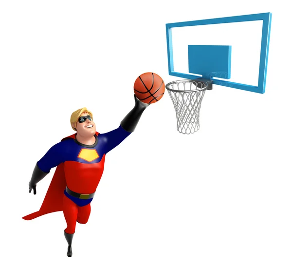 Superheld met basketbal & mand — Stockfoto