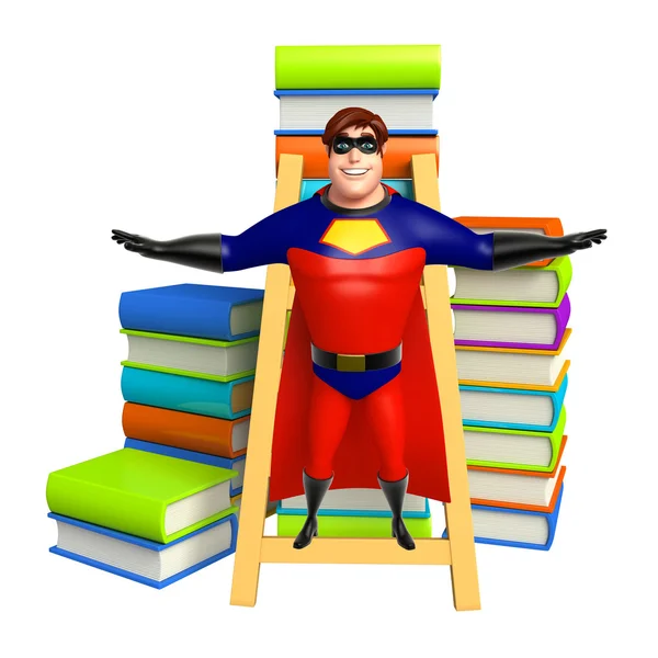 Superheld mit Bücherstapel — Stockfoto