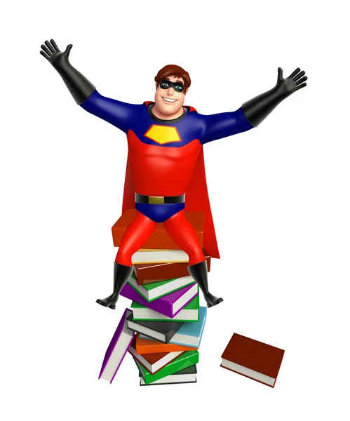 Superheld mit Bücherstapel — Stockfoto
