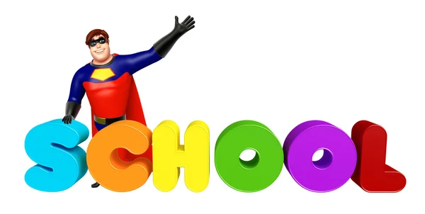 Super-herói com sinal da escola — Fotografia de Stock
