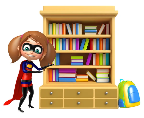Supergirl con estantes de libros — Foto de Stock