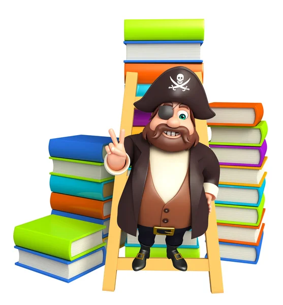 Piraat met boek stapel & ladder — Stockfoto