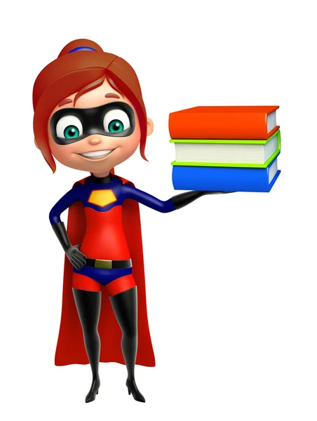 Supergirl met boek stack — Stockfoto