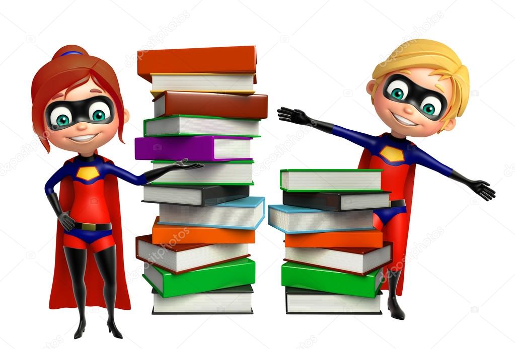 superboy and supergirl with Book stack