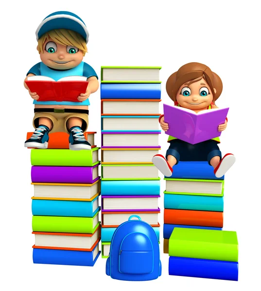 Niño y niña con pila de libros — Foto de Stock
