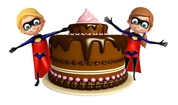 Superboy i Supergirl z ciastem — Zdjęcie stockowe