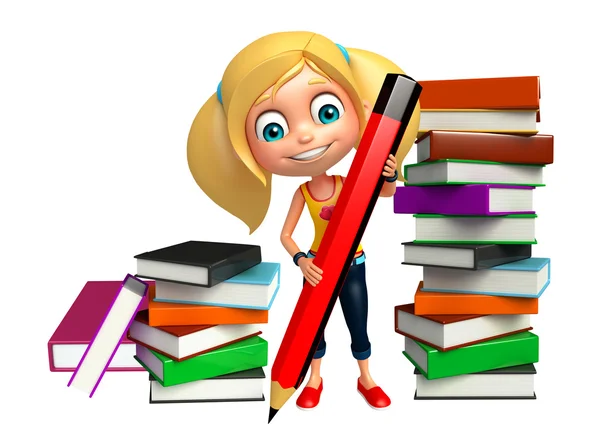Jongen meisje met boek stack en potlood — Stockfoto