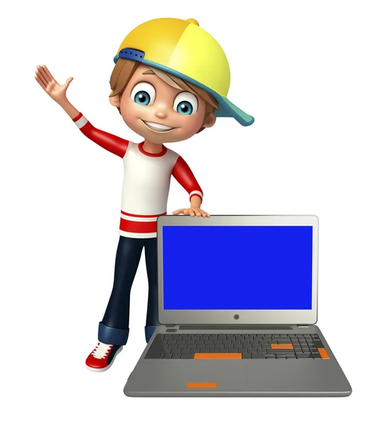 Kid boy med laptop — Stockfoto