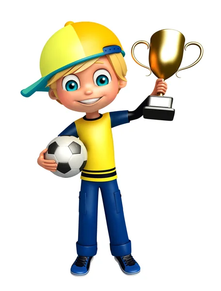 Kid boy with football & winning cup — Stock Photo, Image