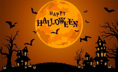 Cadılar Bayramı afişi perili ev ve arka planda fotokopi alanı olan dolunay olan yarasalar. Cadılar Bayramı çizimi.