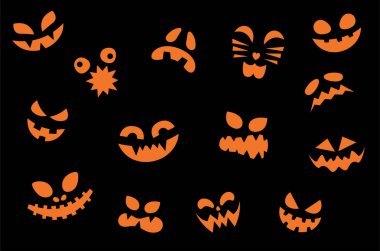 Cadılar Bayramı koleksiyonu klibi, balkabağı canavarı suratı ve ifadesi. Cadılar Bayramı çizimi.