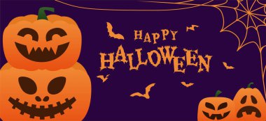 Cadılar Bayramı afişi arkaplan gradyan balkabağı canavarı örümcek ağıyla ve kopya alanı olan yarasalar. Cadılar Bayramı çizimi.