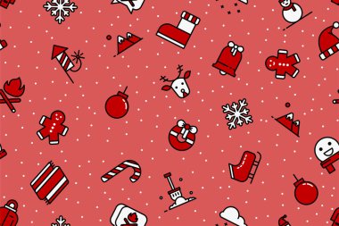 Renkli Kış ikonu renksiz desensiz kırmızı arka plan. Noel arkaplan deseni.