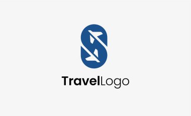 Seyahat Logosu Uçak simgesi ve S harfi, Seyahat acentesi illüstrasyonu modern ve minimalist kavram.