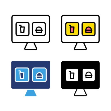 Simge web sitesi çevrimiçi yemek, fast food, restoran servisi, yemek servisi. Simge çizgisi, sembol ve düz mavi renkli izole edilmiş beyaz arkaplan.