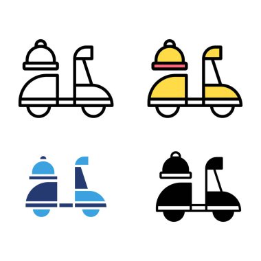 Icon set scooter yemek servisi, fast food, restoran servisi, yemek servisi. Simge çizgisi, sembol ve düz mavi renkli izole edilmiş beyaz arkaplan.