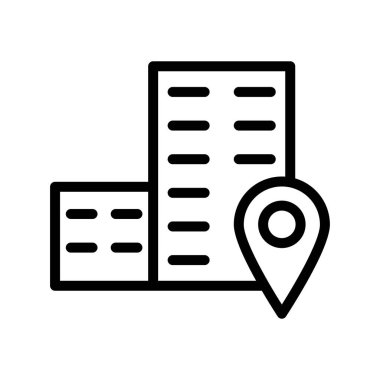 Siyah çizgi ikonu ofis binasının konumu. Minimalist özet simgesi izole edilmiş arkaplan.