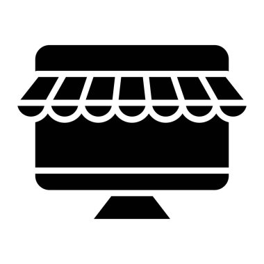 Siyah katı ikon ekommerce bilgisayar ve dükkan. Minimalist pazarlama sembolü tasarımı.