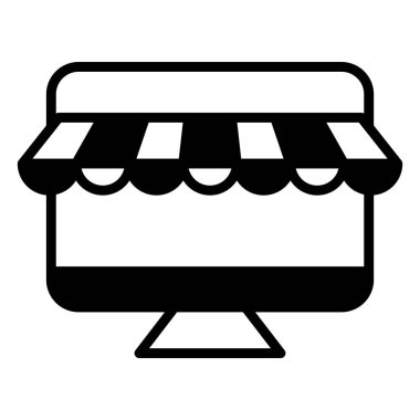 Siyah ikon ekommerce bilgisayar ve dükkan. Minimalist Pazarlama yarı katı sembol tasarımı.