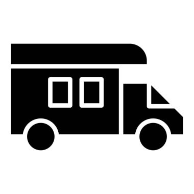 Siyah, katı ikon karavan. Minimalist ulaşım ve araçların siluet sembolü tasarımı.