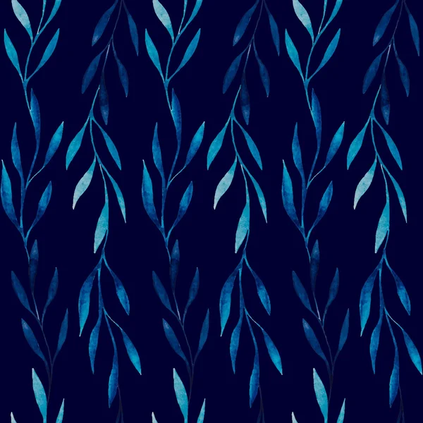 濃い青の背景に青の葉の水彩のシームレス パターン — ストックベクタ