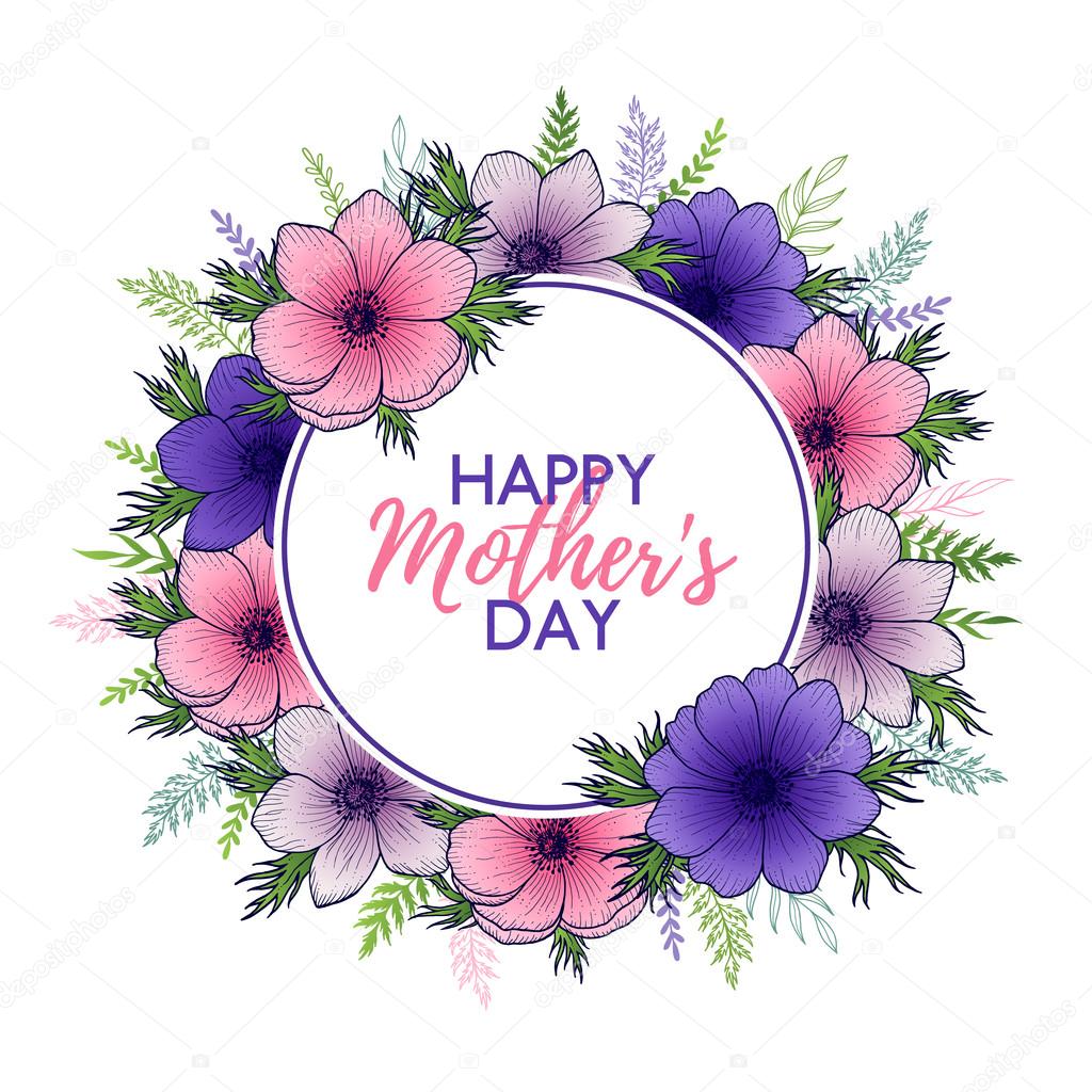 Download Happy Mothers Day lettering with floral round frame — Stock Vector © MiraElArt #120214398