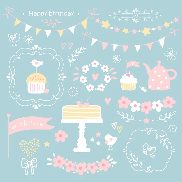 Set of elements for birthday party, greeting cards. Cake, cupcake, kettle, bird, garland. — Stock Vector