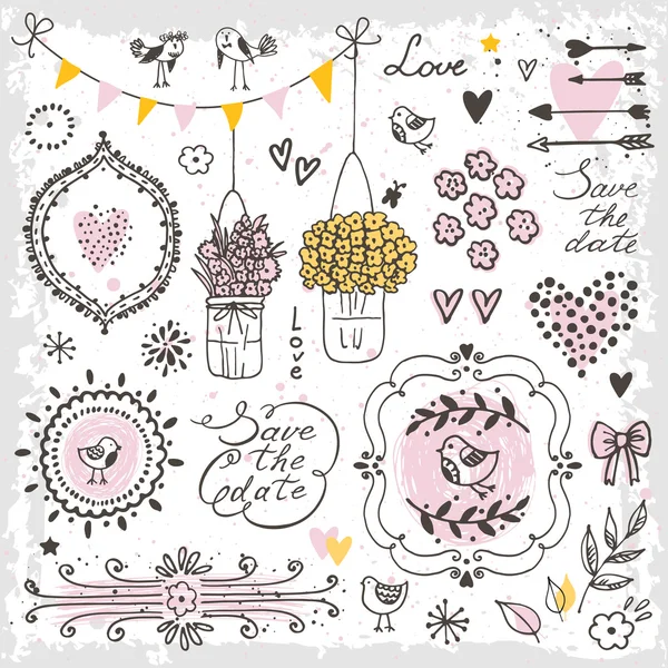 Set von handgezeichneten Designelementen für die Hochzeitsdekoration. Schmuckrahmen, Blumen, Herzen, Vögel, Pfeile. — Stockvektor
