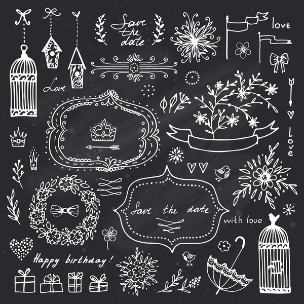 Kézzel rajzolt design elemek esküvői dekoráció és születésnapi party. Chalkboard háttér. — Stock Vector