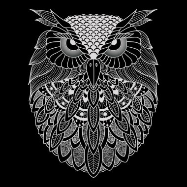 Vektör çizim. Baykuş Ajur siyah bir arka plan üzerine beyaz.