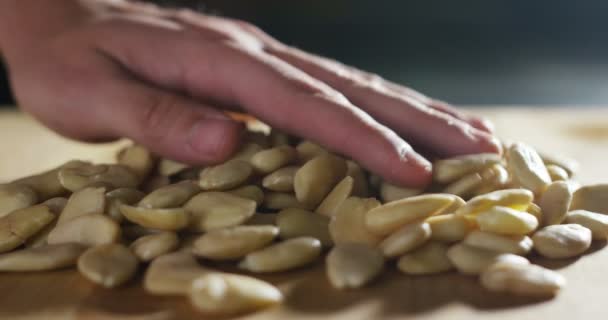 Die Hand des Landwirts oder Kochexperten nimmt einige natürliche Bio-Mandeln mit den Händen, um die Qualität in extremen Super-Zeitlupe-Makro zu überprüfen — Stockvideo