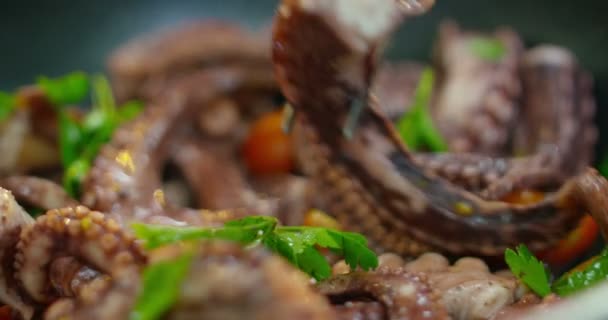 Macro au ralenti super d'un chef mélangeant poulpe et légumes avec une casserole (gros plan ) — Video