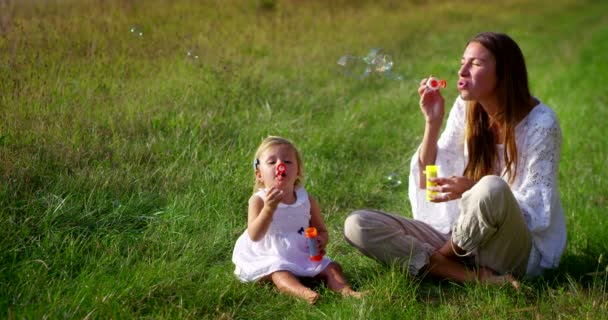 Super slow motion mladá matka a dítě 2 roky stará dívka foukání vzduchu/mýdlové bubliny na louce vinice za slunného dne v rozlišení 4k